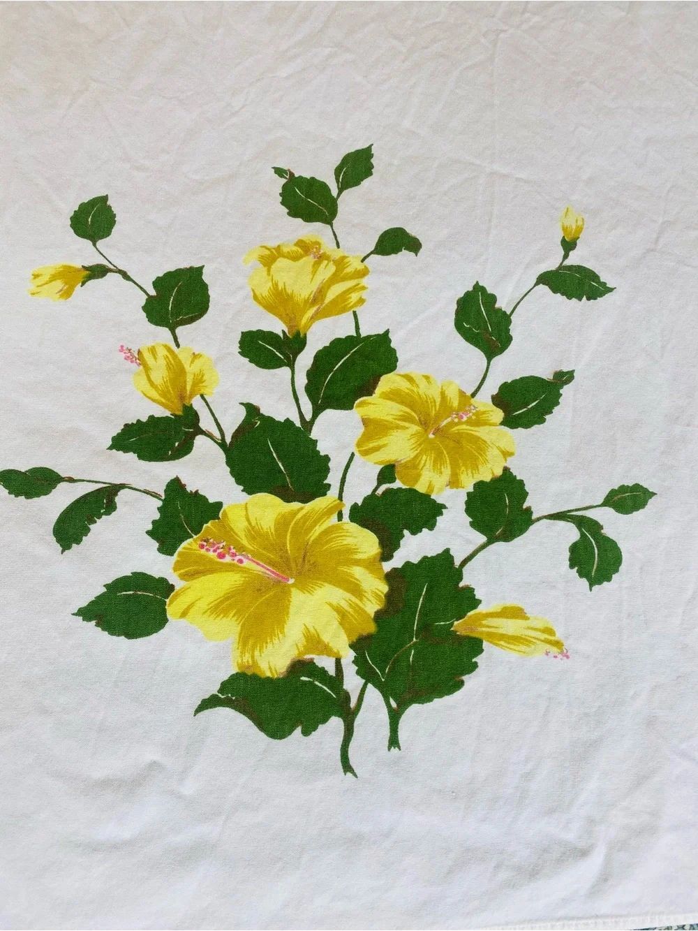 Vintage 50s California Hand Prints Tablecloth yellow hibiscus floral